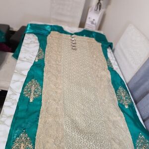 Elegant Teal and Gold Embroidered Dress Party Wear Pakistani Indian Style